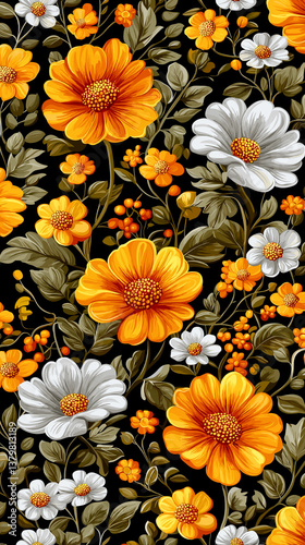 Bright floral pattern with orange and white flowers on a dark background featuring leaves and blossoms