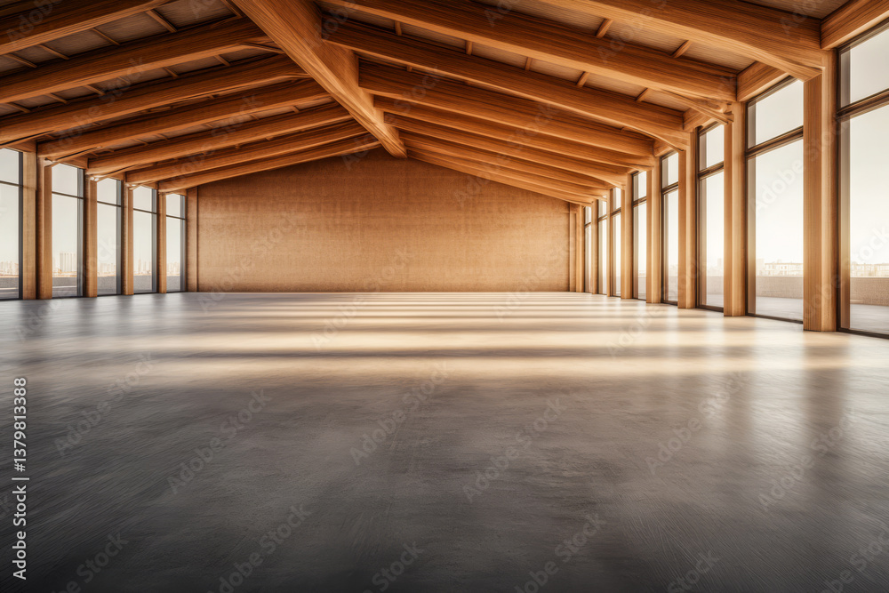 Spacious modern interior with wooden beams and large windows at sunset Spacious modern interior with wooden beams and large windows at sunset