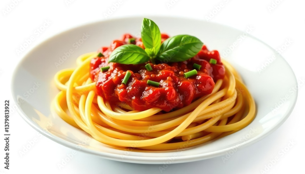 Close-up shot of spaghetti with tomato sauce, isolated on white, food photography, texture Close-up shot of spaghetti with tomato sauce, isolated on white, food photography, texture