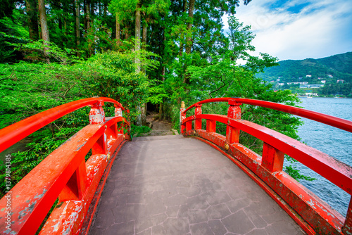 Obraz na płótnie Hakone shrine bridge at Lake Ashinoko at Moto Hakone w salonie