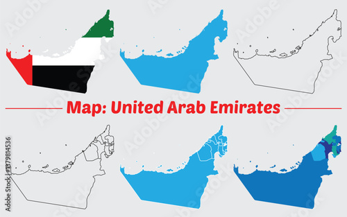 Maps of United Arab Emirates, Outline, and Regional Divisions, United Arab Emirates country map set. internal provinces borders marked, Simple map of Austria United Arab Emirates drawing.