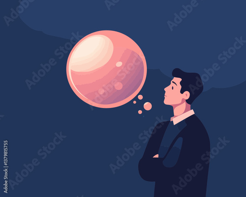 Smart Businessman Contemplating Big Ideas and Solutions Illustration, Ambition and Creativity in Flat Minimalist Style