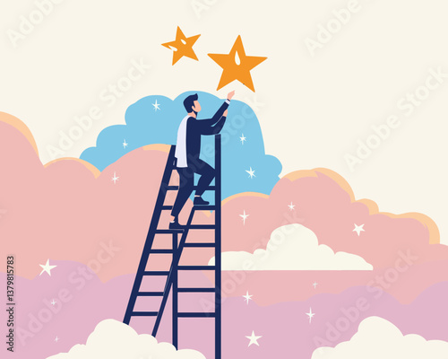 Businessman Climbing Ladder to Reach Star - Career Achievement and Success Concept - Flat Minimalist Vector Illustration