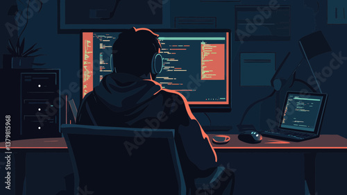 Hacker Stealing Data on Computer - Cybersecurity Threat, Data Theft, and Cybercrime Concept Illustration