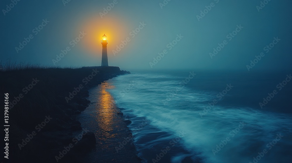Fototapeta premium Misty Night Lighthouse Guiding Waves