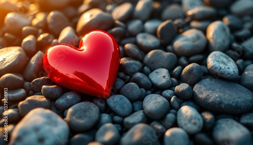 Red Heart on Smooth Stones Symbolic of Love and Affection