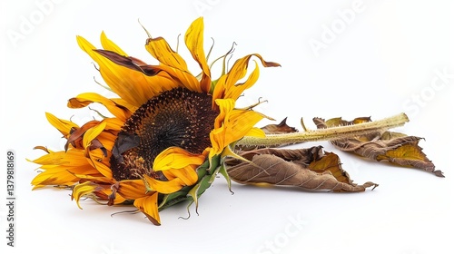 A sunflower clipart with slightly wilted petals, representing the transition to fall, isolated on white.