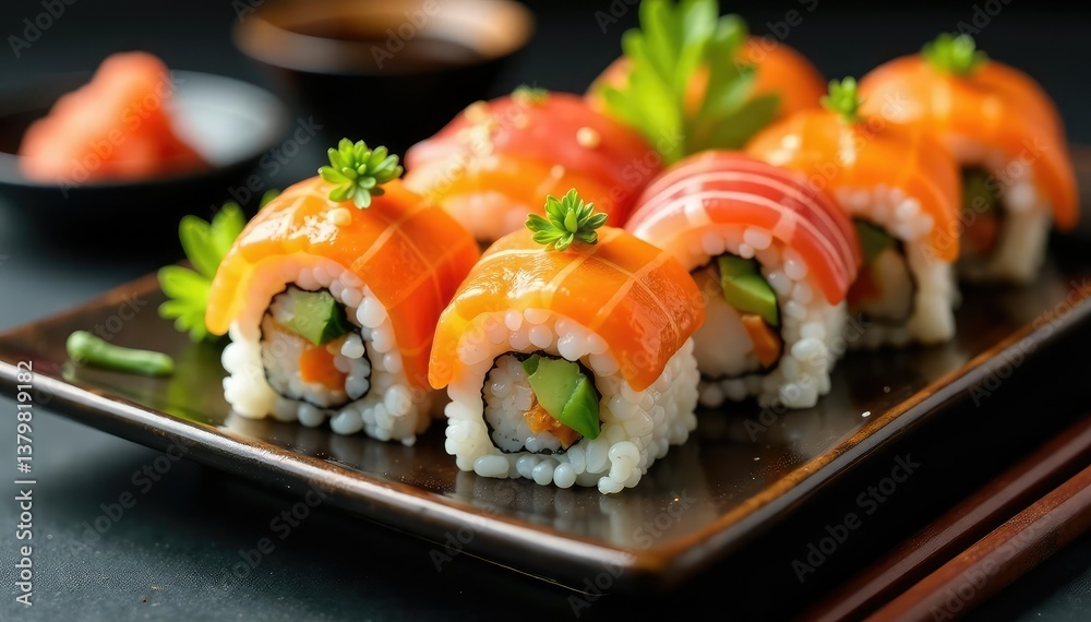 Colorful sushi platter with various rolls, ginger, wasabi , image, white background, plate Colorful sushi platter with various rolls, ginger, wasabi , image, white background, plate