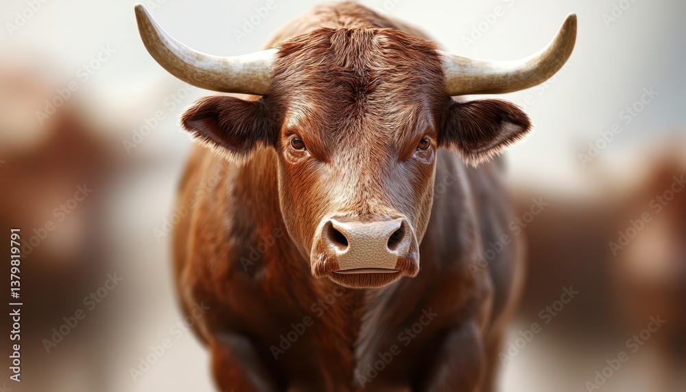 Naklejka premium A brown cow with horns stands gracefully in a lush green field.