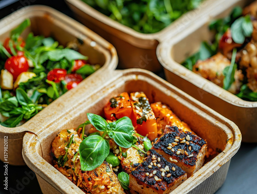 Vegan meals in eco friendly containers with fresh greens and tofu photo