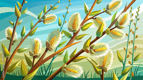 Macro shot of delicate willow catkins swaying in the spring breeze