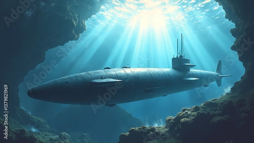 Wallpaper Mural Underwater Scene of a Streamlined Torpedo Surrounded by Deep Ocean Water and Rays of Light Filtering from the Surface Torontodigital.ca