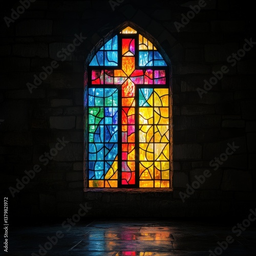 Vibrant stained glass cross radiating rainbow colors in sacred church with polished floor

