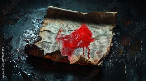 Aged newspaper with red stain