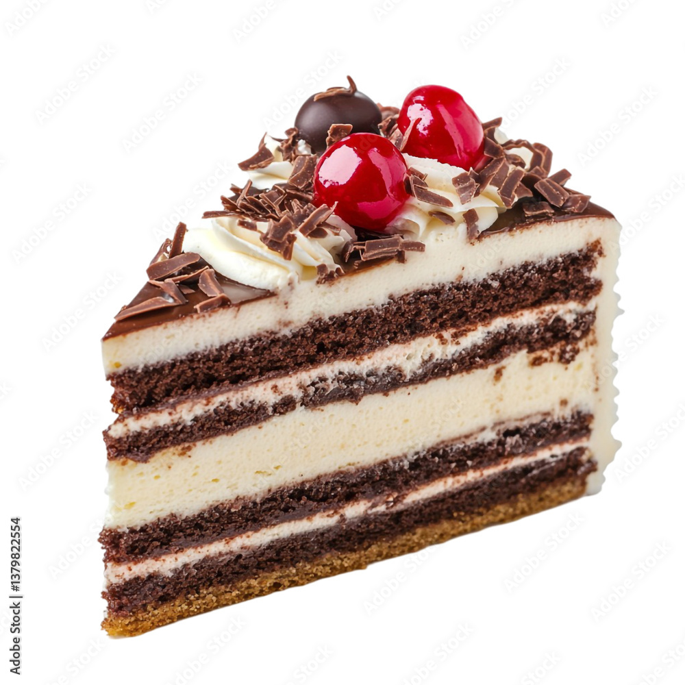 Delicious Chocolate Cake Slice with Cherries and Chocolate Shavings, Delicious Chocolate Cake Slice with Cherries and Chocolate Shavings,