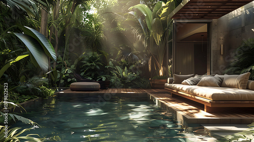 Perched on edge of a lush jungle in Bali, small private swimming pool glistens in warm morning sunlight, surrounded by vibrant green tropical plants, while a wooden sofa invites relaxation, offering