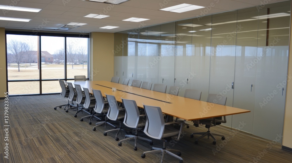 A stylish boardroom with a glass partition, long table, and elegant office decor. A stylish boardroom with a glass partition, long table, and elegant office decor.