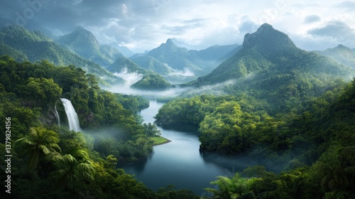 Fototapeta Naklejka Na Ścianę i Meble -  Lush valley with waterfall and mountains