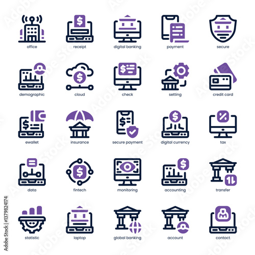 Digital Banking Icon pack for your website, mobile, presentation, and logo design. Digital Banking Icon dual tone design. Vector graphics illustration and editable stroke.