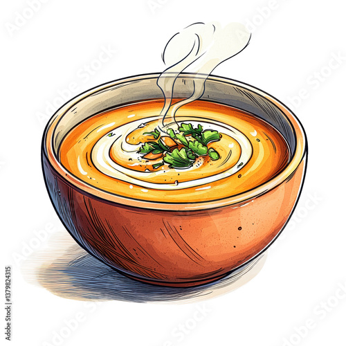 A bowl of steaming soup garnished with herbs, showcasing a rich, warm color and a comforting appearance.