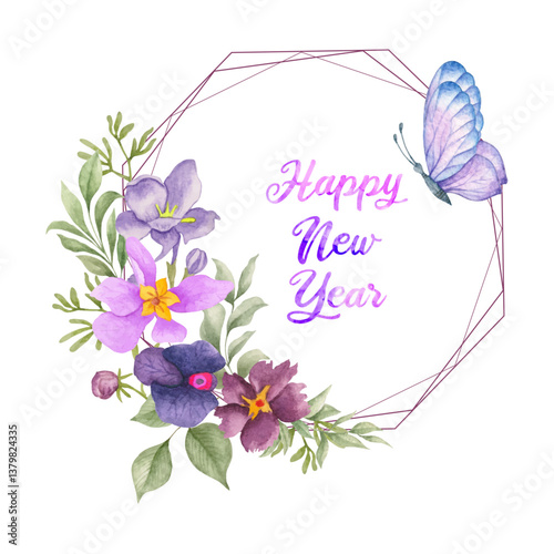 Hand-painted watercolor floral new year frame