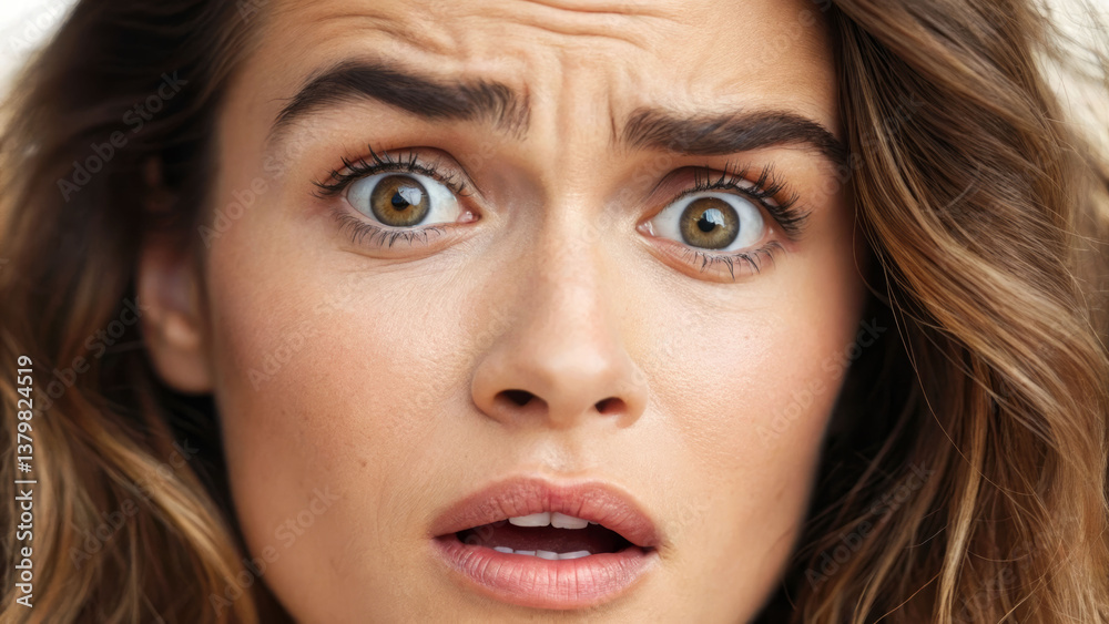 Surprised woman with raised eyebrows and shocked expression in natural light close-up shot Surprised woman with raised eyebrows and shocked expression in natural light close-up shot