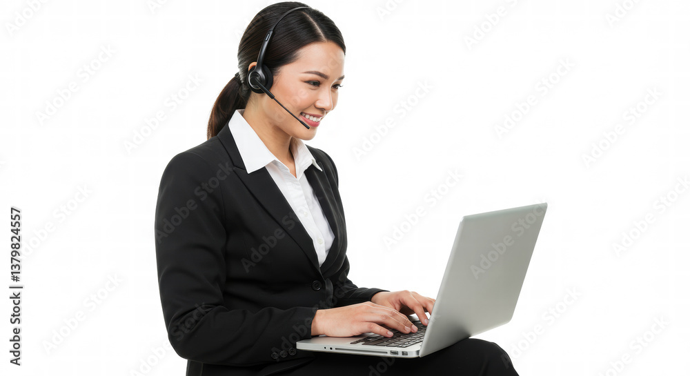 A woman photographed in a white studio background, working with her laptop. A woman photographed in a white studio background, working with her laptop.