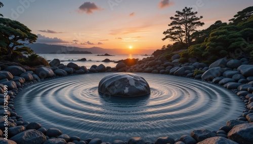 Serene Ocean Sunset Landscape with Circular Stone Patterns