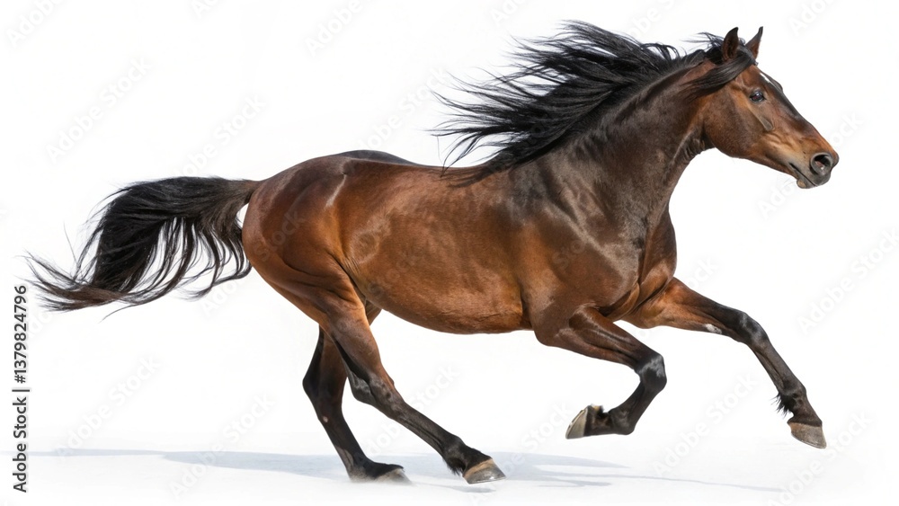 Obraz premium A majestic brown horse gallops freely on all fours, its black mane flowing freely and tail swaying, against a stark white background, showcasing its strength and ...