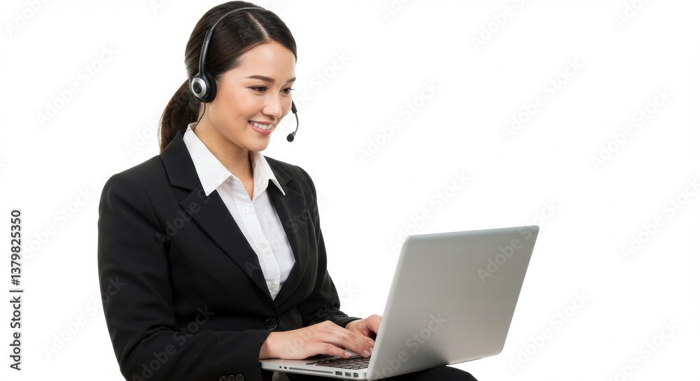 A woman photographed in a white studio background, working with her laptop. A woman photographed in a white studio background, working with her laptop.