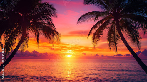 Vibrant tropical sunset with palm tree silhouettes, warm golden and pink hues
