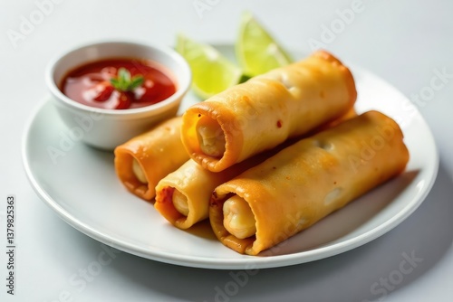 Crispy spring rolls, ginger, chili, lime wedges, crunchy, chili, cuisine