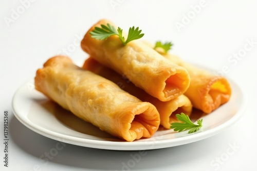 Crispy spring rolls, ginger garnish, white background, minimal, appetizer