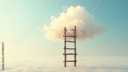 Wooden Ladder Leading to a Fluffy Cloud in a Dreamlike Sky Reaching for Goals and Aspirations