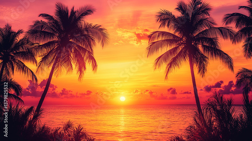 Vibrant tropical sunset with palm tree silhouettes, warm golden and pink hues
