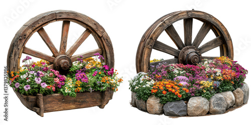 Colorful Flower Arrangements in Rustic Wooden Cart Wheels