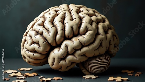 Detailed Human Brain Model with Scattered Puzzle Pieces Neurological Concept