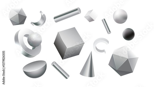Metal сhrome glossy realistic primitives - sphere, pyramid, torus with shadows. Abstract decorative vector for trendy design