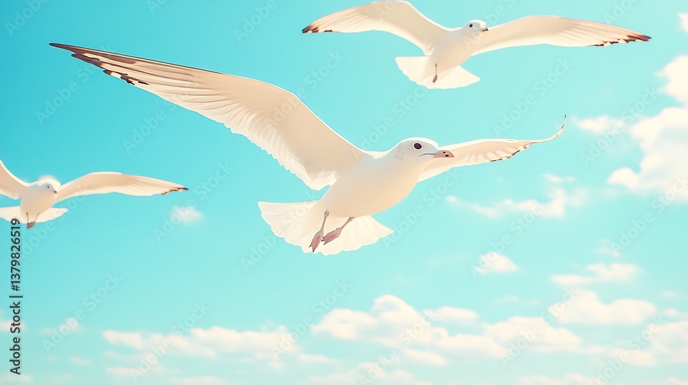 Obraz premium White birds soaring in a beautiful turquoise blue sky