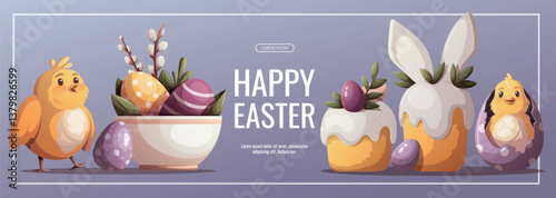 Happy Easter banner with decorated easter eggs, easter cake, chickens. Vector illustration for, banner, promo, sale, advertising