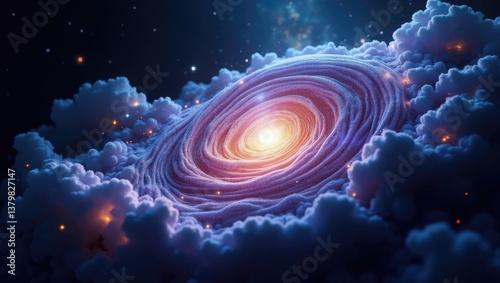 Surreal Cosmic Vortex Glowing Nebula Within Dreamlike Cloudscape