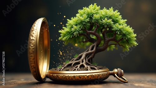 Miniature Bonsai Tree in Antique Pocket Watch Magical Green Nature Time
