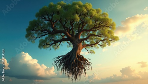 Majestic Tree with Exposed Roots Floating in a Dreamlike Sky at Sunset