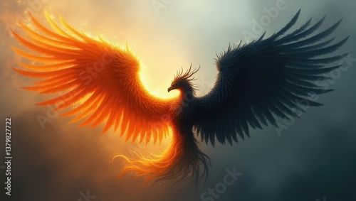 Majestic Dual Colored Phoenix Fire and Shadow Wings Mythical Creature Artwork