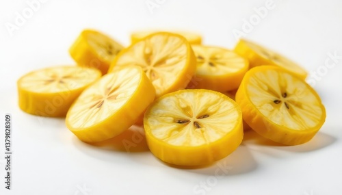 Dehydrated banana slices, golden brown, on white , dessert, cooking, baking