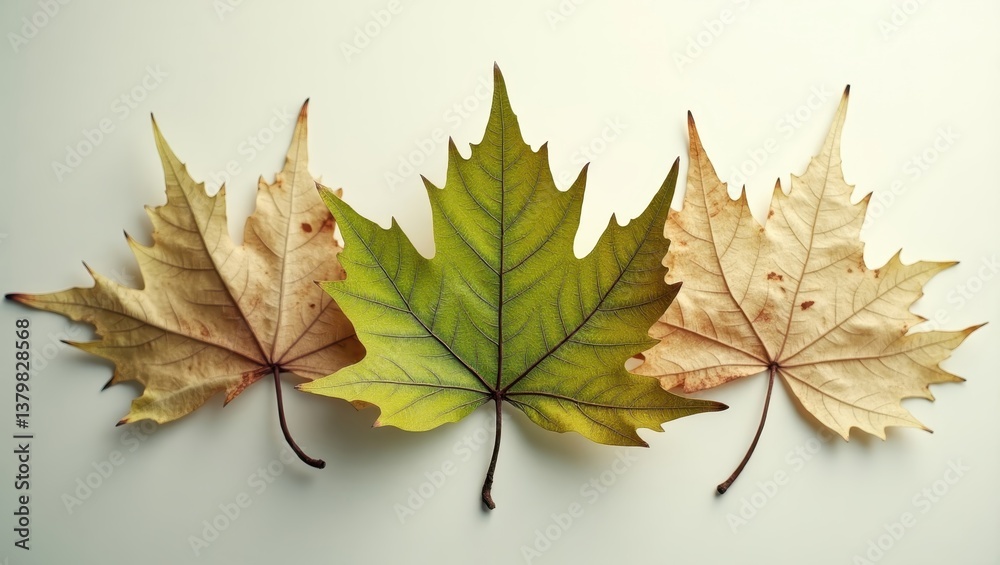 Fototapeta premium Three Autumn Leaves Golden Green and Brown Dried Maple Foliage on White Background