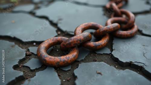Rusty Metal Chain Links on Cracked Gray Pavement Close Up Texture
