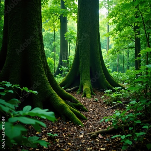 Dense foliage surrounds ancient tree trunks in Southeast Asian jungle , vines, forest