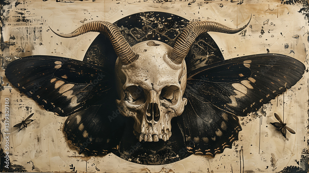 Fototapeta premium Mroczna ilustracja surrealistyczna – czaszka z rogami i skrzydłami ćmy w stylu barokowego vanitas. Detale w odcieniach złota i brązu, idealna do sztuki cyfrowej, tatuaży i okładek.