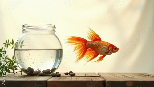 Vibrant Orange Goldfish Near Empty Glass Bowl with Stones and Greenery